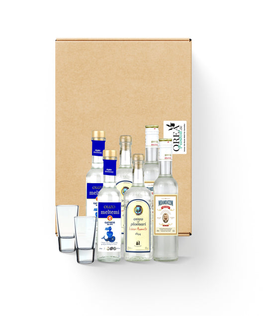 Griechisches Ouzo Probierset – 6x 200ml (Plomari, Babatzim, Meltemi) inkl. Ouzo Gläser, Geschenkbox & Grußkarte